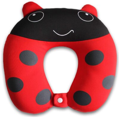 This is an image of kid's travel neck car pillow in black and red colors
