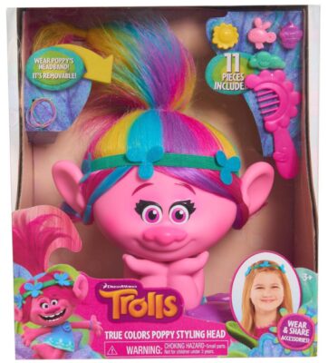 this is an image of a Poppy Troll styling head doll for ages 3 and up. 