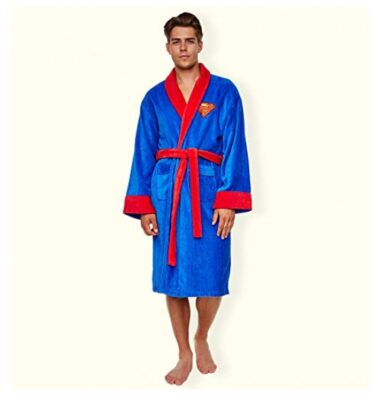 this is an image of a blue superman themed men's dressing gown. 