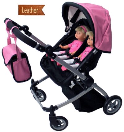 This is an image of Twin pram doll with free carriage in black and pink colors