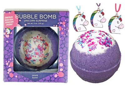 this is an image of a unicorn bubble bath bomb with surprise gift inside for girls. 