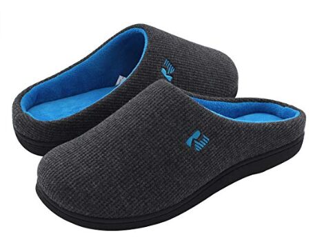 this is an image of a black and blue foam slipper designed for men.