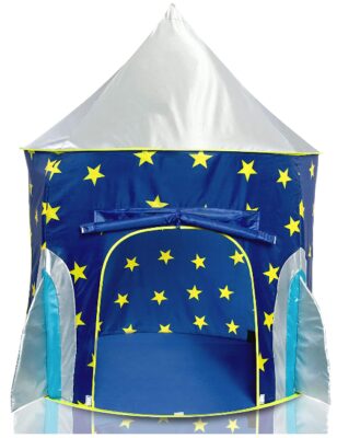 This is an image of boy's rocket ship tent with stars graphics. 