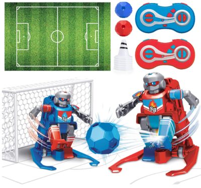 This is an image of kid's soccer bots toys with remote control in red and blue colors