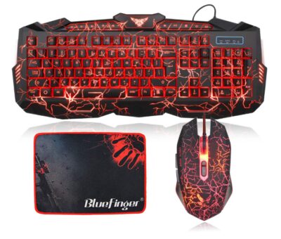 This is an image of a red backlit keyboard, mouse and mouse pad. 