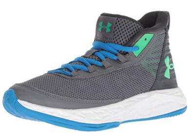 This is an image of a grey and white color combination basketball shoes by Under Armour for kids. 