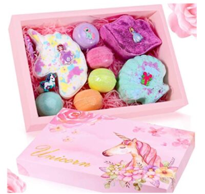 this is an image of a unicorn bath bomb gift set for kids. 