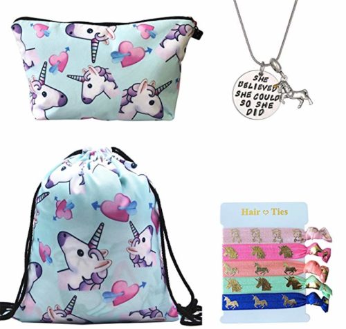 Unicorn Drawstring Backpack/Makeup Bag/Inspirational Necklace - Hair Ties