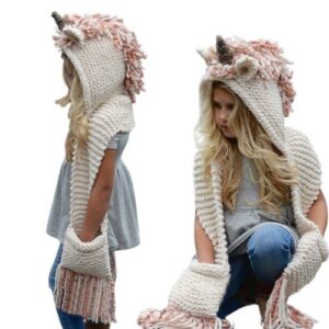 Girl in a Unicorn Hooded Hat Scarf