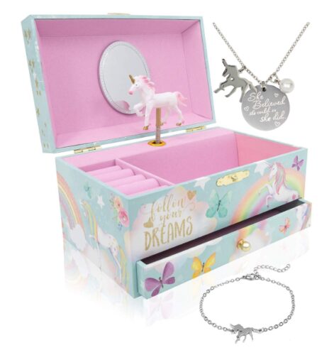 this is an image of a Unicorn music box and jewelry set for girls. 