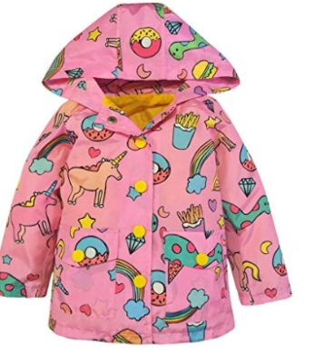 this is an image of a unicorn printed raincoat for kids.