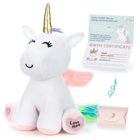 This is an image of a 13 inch white unicorn plus toy for graduation gifts. 