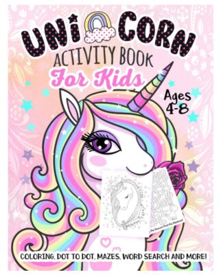 This is an image of a pink unicorn word and art book for kids. 