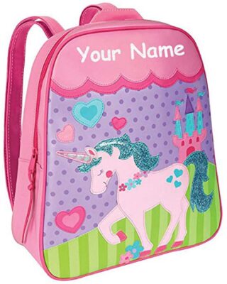 This is an image of kid's unicorn backpack with name in pink color