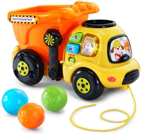 Dump Truck for toddlers with yellow dumper and red body, plus black wheels