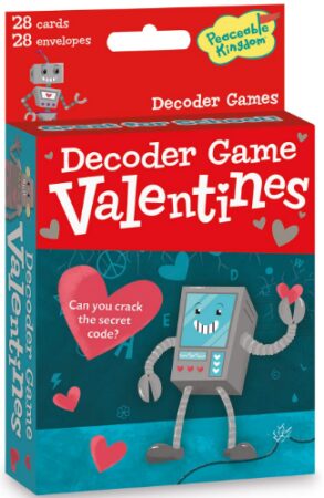This is an image of valentines robot decoder game card by Peaceable Kingdom