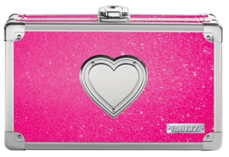 This is an image of a glitter pink with heart school supply case.