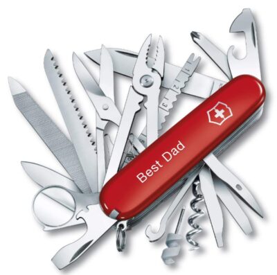 this is an image of a red personalized swiss army knife. 