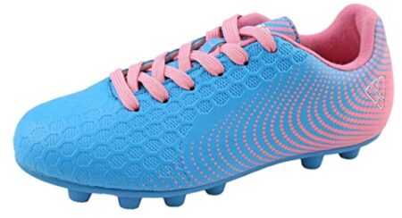 This is an image of kid's soccer shoe in azure and pink colors