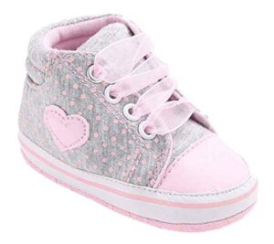 this is an image of a grey pink lace up sneaker for babies. 