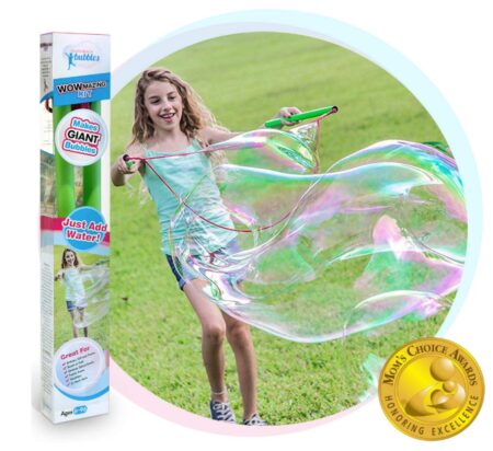 This is an image of a little girl using a giant bubble wand. 