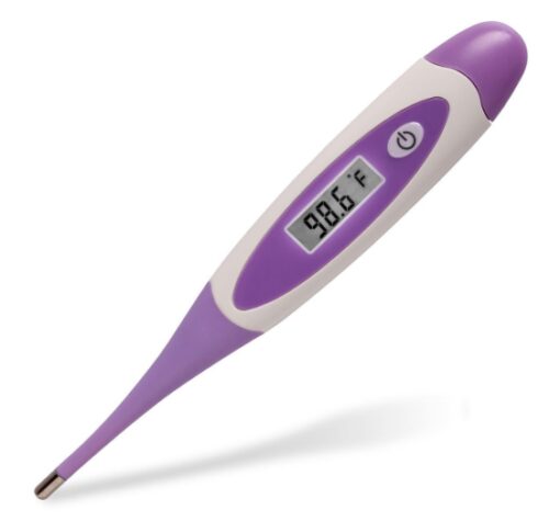  this is an image of a purple waterproof digital thermometer for kids. 