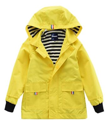 this is an image of a yellow waterproof hooded jackets for kids. 