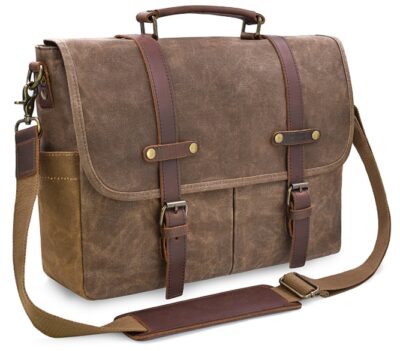 this is an image of a 15.6 inch brown waterproof vintage men's messenger bag. 