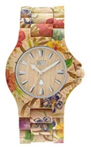 this is an image of a beige wooden watch with flower design. 