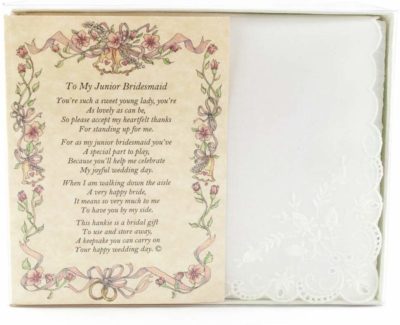 This is an image of a white poetry hankie gift set for junior bridesmaids. 