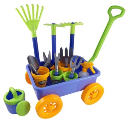 This is an image of wheelbarrow and tools for kids 
