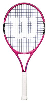 this is an image of a pink tennis racket for kids. 