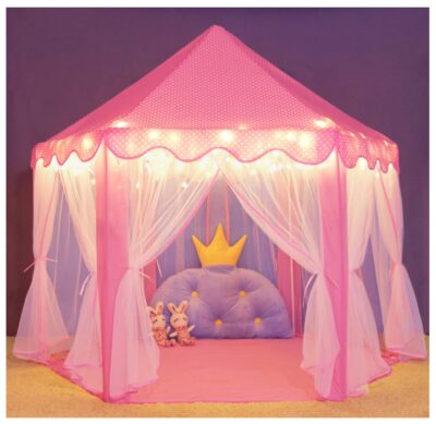 this is an image of a large pink princess castle tent for little girls. 
