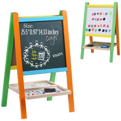 this is an image of a standing art easel with magnetic alphabet designed for kids. 