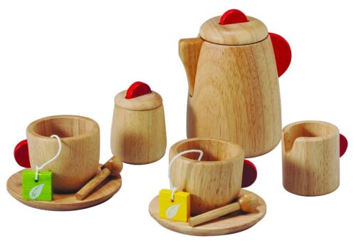 this is an image of a wood toy tea set for kids.