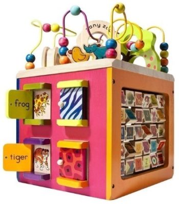 This is an image of kids wooden activity cube in colorful colors 