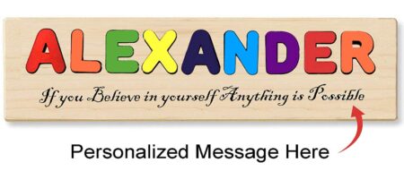 This is an image of kid's Wooden Personalized Puzzle Name with personalized message