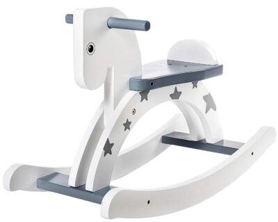 This is an image of wooden rocking horse, white and blue colors