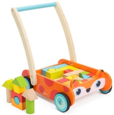 This is an image of baby wooden learning walker in orange color