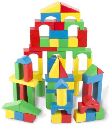 This is an image of toddlers wooden building blocks set in colorful colors