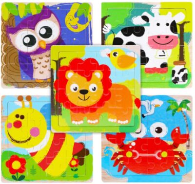 This is an image of toddler's wooden puzzles with animals design photos in colorful colors