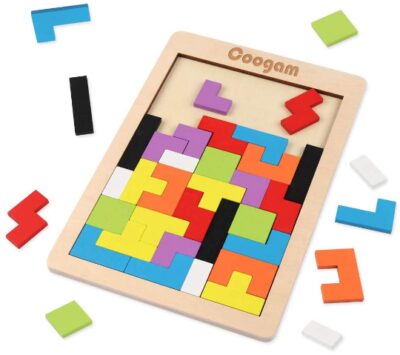 This is an image of kid's wooden tetris puzzle in colorful colors