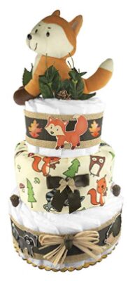 this is an image of a 3 tier diaper cake in fox theme for baby boys and girls.