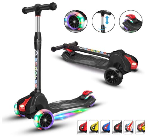 this is an image of an extra-wide wheel and adjustable height scooter for age 2 to 14 years old kids. 