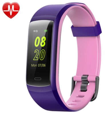 this is an image of a waterproof fitness tracker colored screen smart watch with sleep monitor, calorie counter, IP68, notification and pedometer feature desined for kids, men and women. 