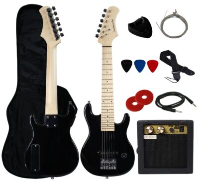 This is an image of kid's electrick guitar pack with amp and accessories in black color