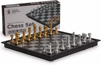 This is an image of a kid's portable magnetic chess board set. 