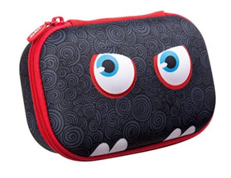 This is an image of a black and red pencil box with moster's eyes and teeth design.