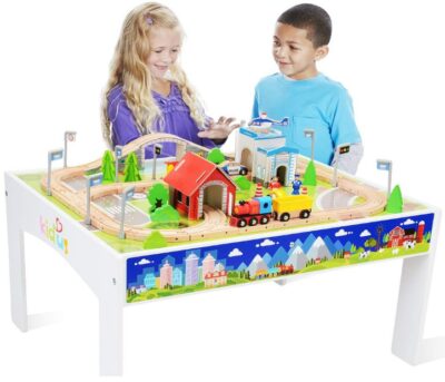 this is an image of kid's zonxie Wooden train set with table in multi-colored colors