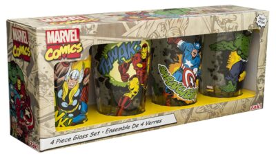 this is an image of a multicolor Marvel comics retro glass tumbler.